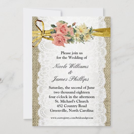 ラスティックな麻布と白いレースのロマンチックなウェディング 招待状 (正面)