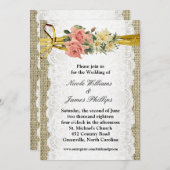 ラスティックな麻布と白いレースのロマンチックなウェディング 招待状 (正面/裏面)