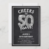 ラスティックな黒板とシルバーの風船 50歳の誕生日 招待状 (正面)