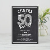 ラスティックな黒板とシルバーの風船 50歳の誕生日 招待状 (スタンド正面)