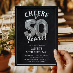 ラスティックな黒板とシルバーの風船 50歳の誕生日 招待状