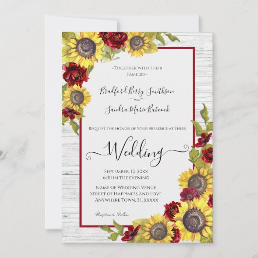 ラスティックイエローひまわりバーガンディーフラワーの結婚式の案内状 招待状 (正面)
