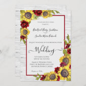 ラスティックイエローひまわりバーガンディーフラワーの結婚式の案内状 招待状 (正面/裏面)