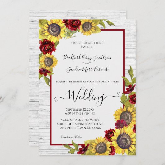 ラスティックイエローひまわりバーガンディーフラワーの結婚式の案内状 招待状 (正面/裏面)