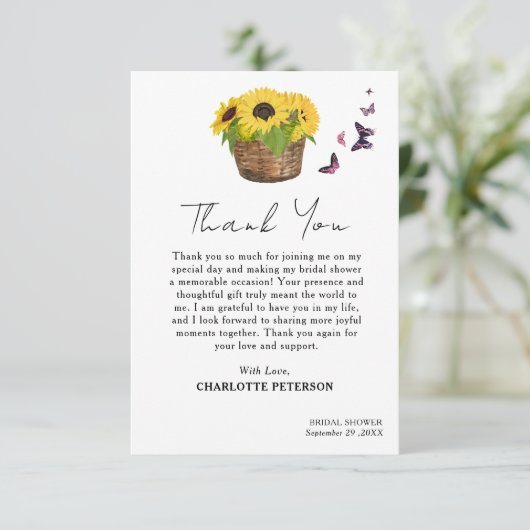 ラスティックイエローひまわりブライダルシャワー サンキューカード (スタンド正面)