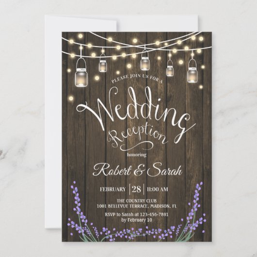 ラスティックウェディングレセプション - 木、ラベンダー＆ライト 招待状 (正面)