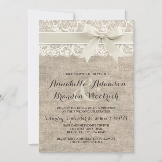 ラスティックウェディング招待状 | 麻のレースリボン風デザイン 招待状 (正面)