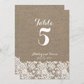 ラスティックウェディング用のテーブルナンバー - 麻とレース 招待状 (正面/裏面)