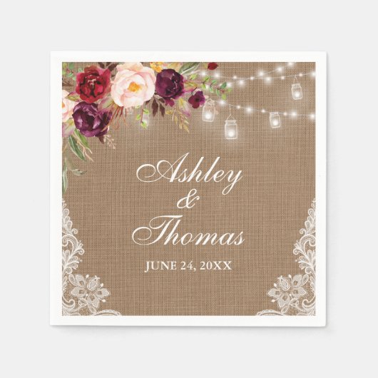 ラスティックウェディング麻の瓶の照明 花のレース スタンダードカクテルナプキン (正面)