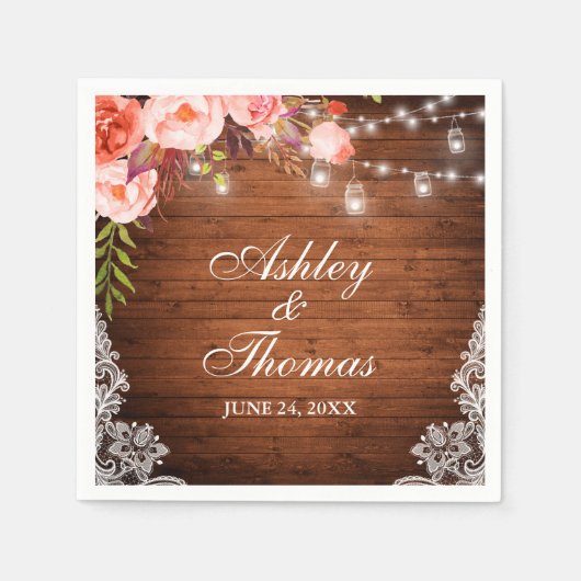 ラスティックウェディング ウッドジャー ライト ピンクコーラルレース スタンダードカクテルナプキン (正面)