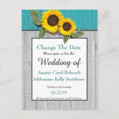 ラスティックウェディング ヒマワリ ティール グレー ウッド シック 案内ポストカード (正面)