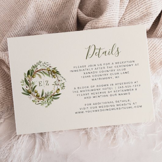 ラスティックウォーターカラーのオリーブリースの結婚式の詳細 エンクロージャーカード