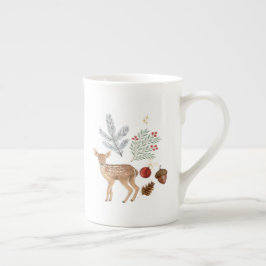 ラスティックウォーターカラーのシカと植物のクリスマス ボーンチャイナマグカップ