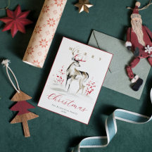 ラスティックウォーターカラーのシカと赤いベリーのクリスマス