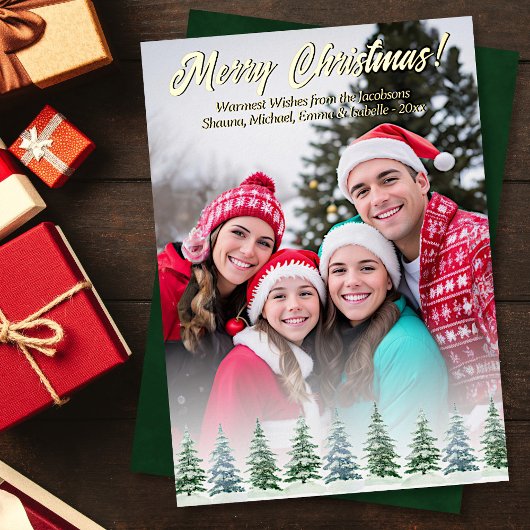 ラスティックウォーターカラー松の木の写真 クリスマス 箔シーズンカード