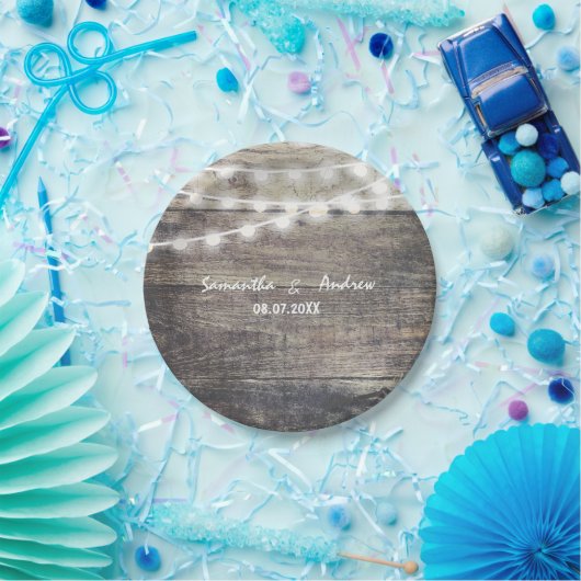 ラスティックウッドとストリングライトの結婚式 ペーパープレート (パーティー)