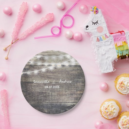 ラスティックウッドとストリングライトの結婚式 ペーパープレート (パーティー)