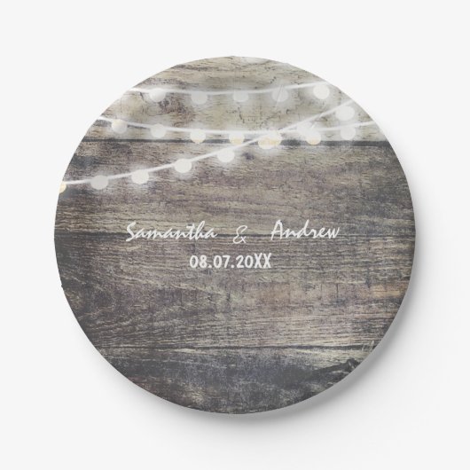 ラスティックウッドとストリングライトの結婚式 ペーパープレート (正面)