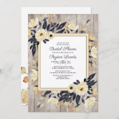 ラスティックウッドクリームネイビーブルー花嫁のシャワー 招待状 (正面/裏面)