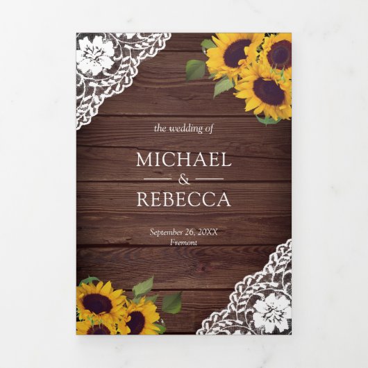 ラスティックウッドレースひまわりストリングライト ウェディング 三つ折り招待状 (カバー)