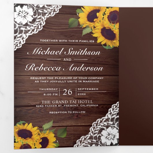 ラスティックウッドレースひまわりストリングライト ウェディング 三つ折り招待状 (内部最初)