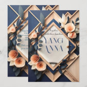 ラスティックウッド ネイビーブルー ブラッシュピンク ジオメトリック ウェディング 招待状 (正面/裏面)