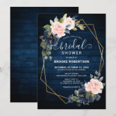 ラスティックウッド ネイビーブルー ブラッシュ ジオメトリック ブライダルシャワー 招待状 (正面/裏面)