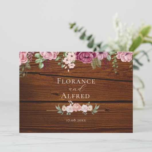 ラスティックウッド フローラル エレガント ホワイト マルーン ウェディング セーブザデート (スタンド正面)