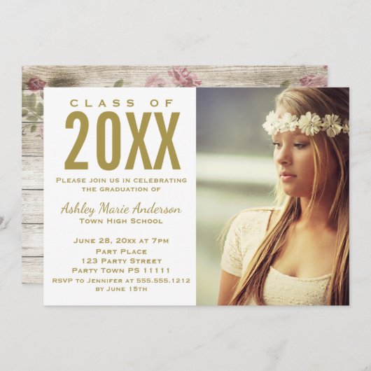 ラスティックウッド フローラル ゴールド 卒業パーティー フォト 招待状 (正面/裏面)