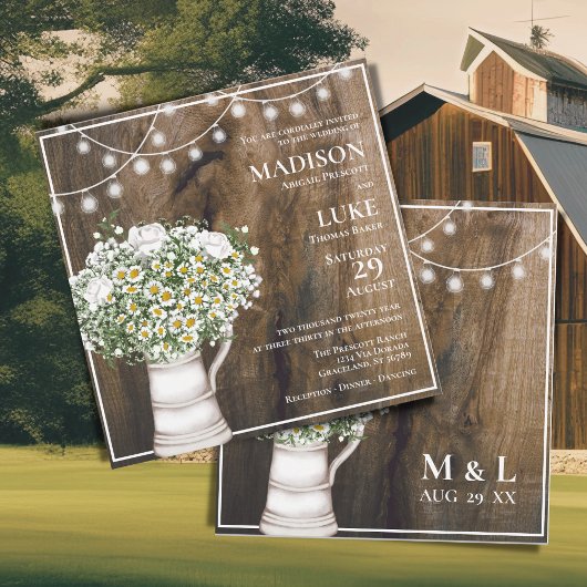 ラスティックウッド ホワイトフラワー ストリングライト ウェディング 招待状