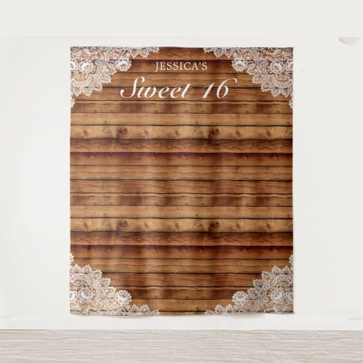 ラスティックウッド＆ホワイトレース スイート16 フォト背景 タペストリー (正面)