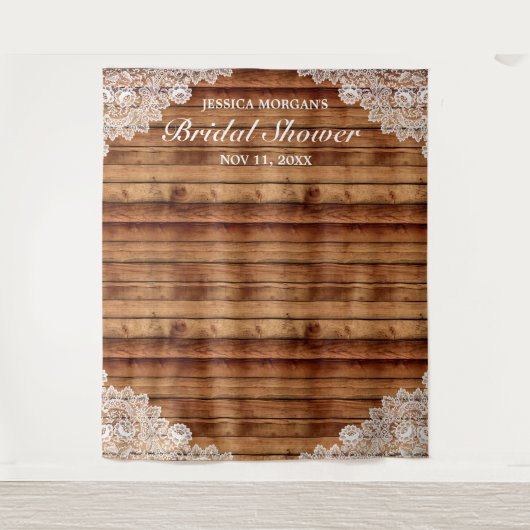 ラスティックウッド&ホワイトレース ブライダルシャワー写真 タペストリー (正面)