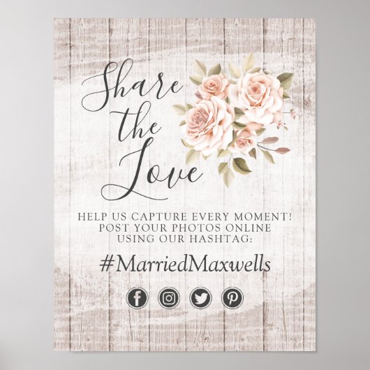 ラスティックウッド ロマンティック ローズ ウェディング ハッシュタグ フォト ポスター (正面)