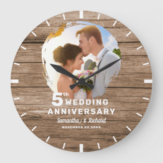 ラスティックウッド 5周年 結婚記念日 カップル フォト ラージ壁時計