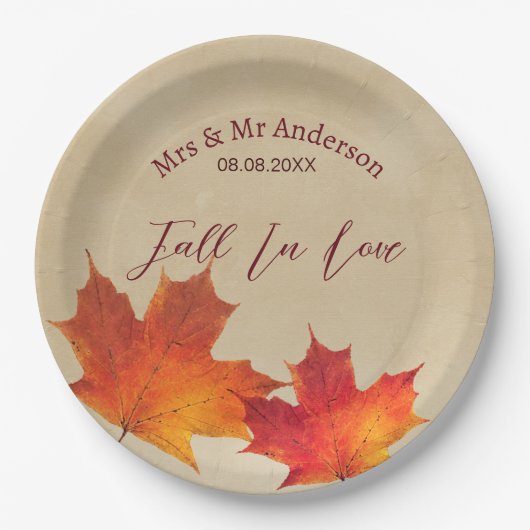 ラスティックオレンジ秋の恋の葉 オータムウェディング ペーパープレート (正面)