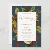 ラスティックオレンジ | レッド フラワーブーケ ティール ウェディング 招待状 (正面)