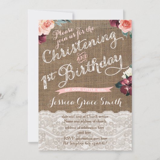 ラスティックオータムベビー祝福1歳誕生日パーティーガール 招待状 (正面)