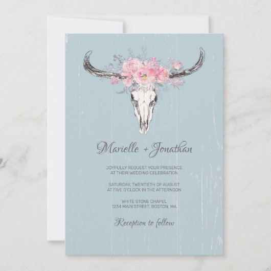 ラスティックカウスカルボーホーブラッシュフラワーウォーターカラーブルー 招待状 (正面)