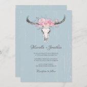 ラスティックカウスカルボーホーブラッシュフラワーウォーターカラーブルー 招待状 (正面/裏面)