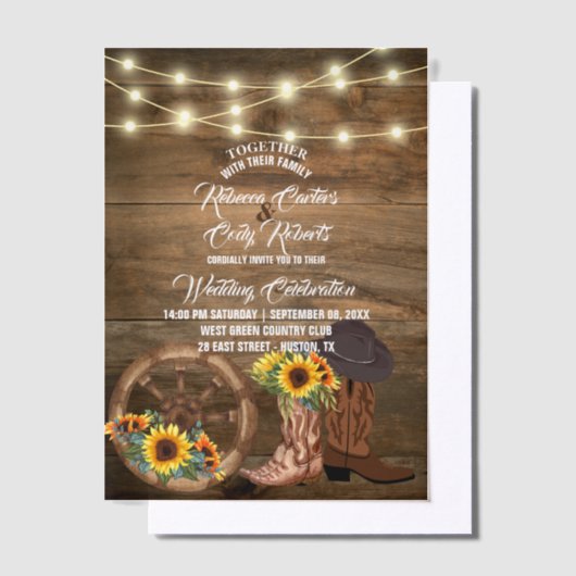 ラスティックカウボーイブーツひまわりウェスタンウェディング ベラム紙招待状 (オフセット)