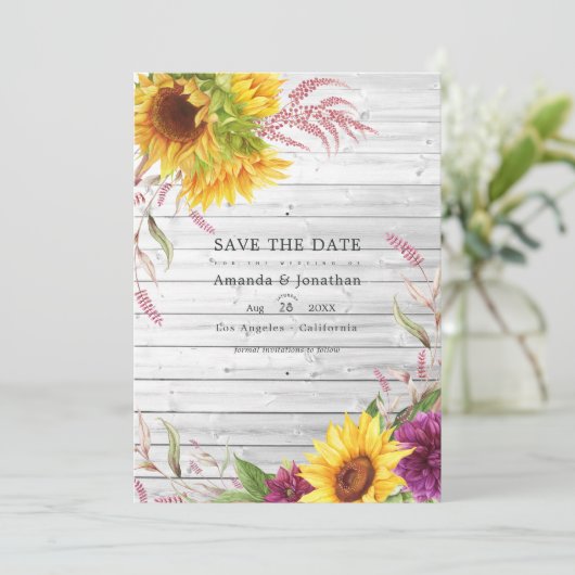 ラスティックカントリーの納屋ひまわり結婚式写真 セーブザデート (スタンド正面)