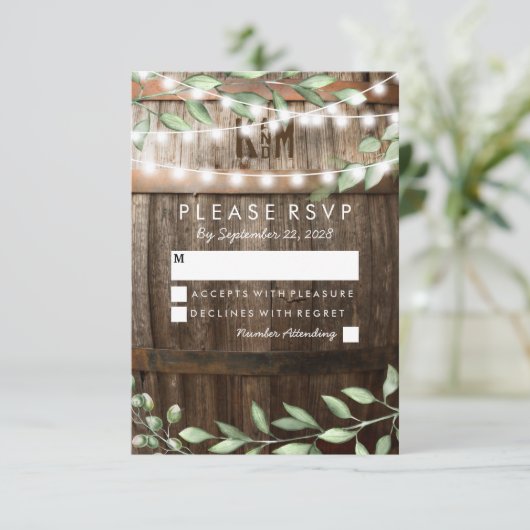 ラスティックカントリーウェディングの出欠確認 | 緑の葉 出欠カード (スタンド正面)