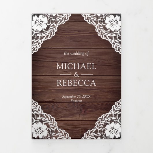 ラスティックカントリーウッドレースストリングライトウェディング 三つ折り招待状 (カバー)