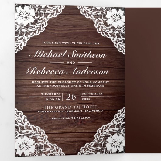 ラスティックカントリーウッドレースストリングライトウェディング 三つ折り招待状 (内部最初)