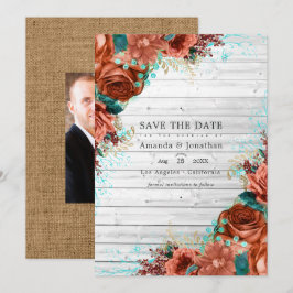 ラスティックカントリー バーン コーラルとターコイズ フラワー ウェディング セーブザデート