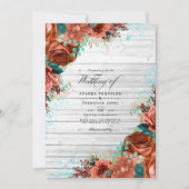ラスティックカントリー バーン コーラルとターコイズ フラワー ウェディング 招待状 (正面)
