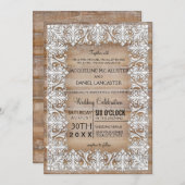 ラスティックカントリー バーン スタイルのレースとウッドのウェディング 招待状 (正面/裏面)