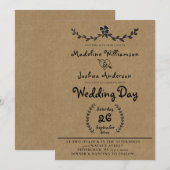 ラスティッククラフトの月桂樹の花飾り付きウェディング招待状 招待状 (正面/裏面)