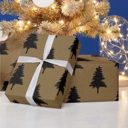 ラスティッククラフトブラウンブラッククリスマスツリーパターン ラッピングペーパー (クリスマス)