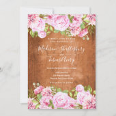 ラスティックグリーンとブッシュピンクの牡丹の結婚式 招待状 (正面)